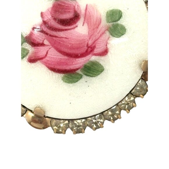 Vintage Floral Porcelain Rose Brooch With Rhinestone Accents - Picture 7 of 11